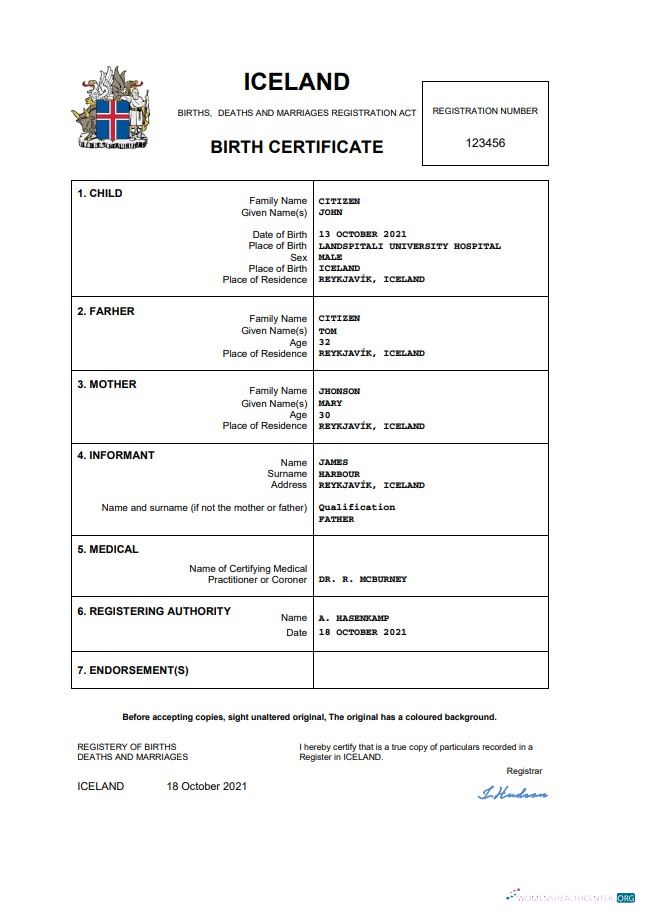 Download Iceland birth certificate Word and PDF Photoshop template